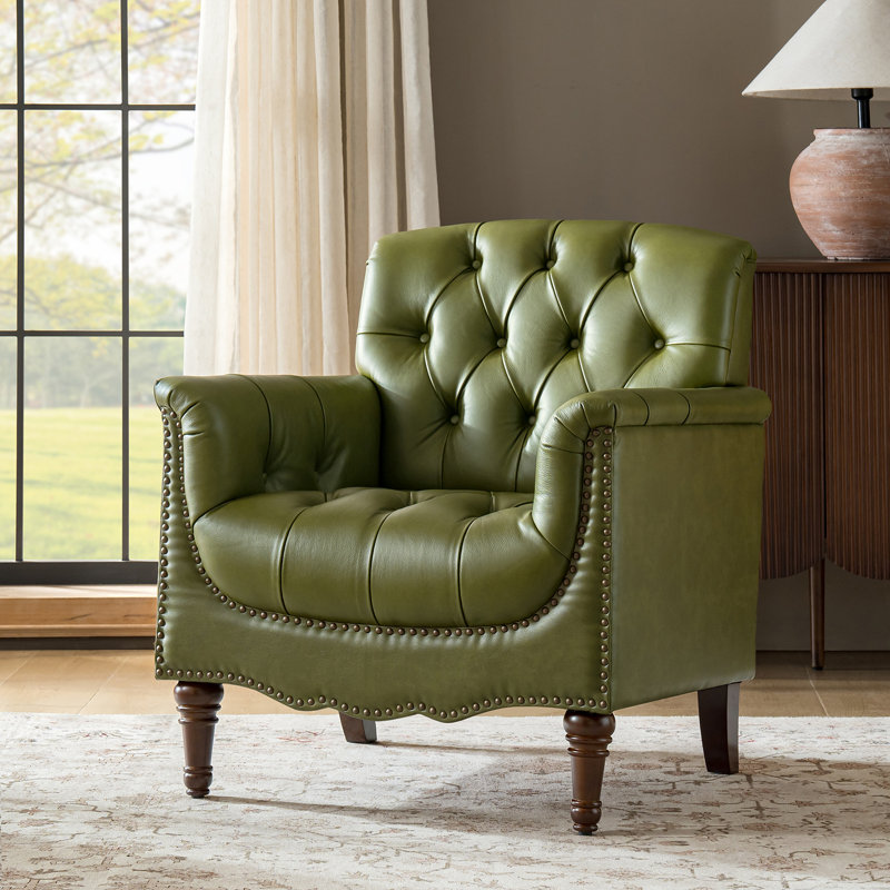 Fauteuil en cuir véritable capitonné Annja, Cuir pleine fleur olive