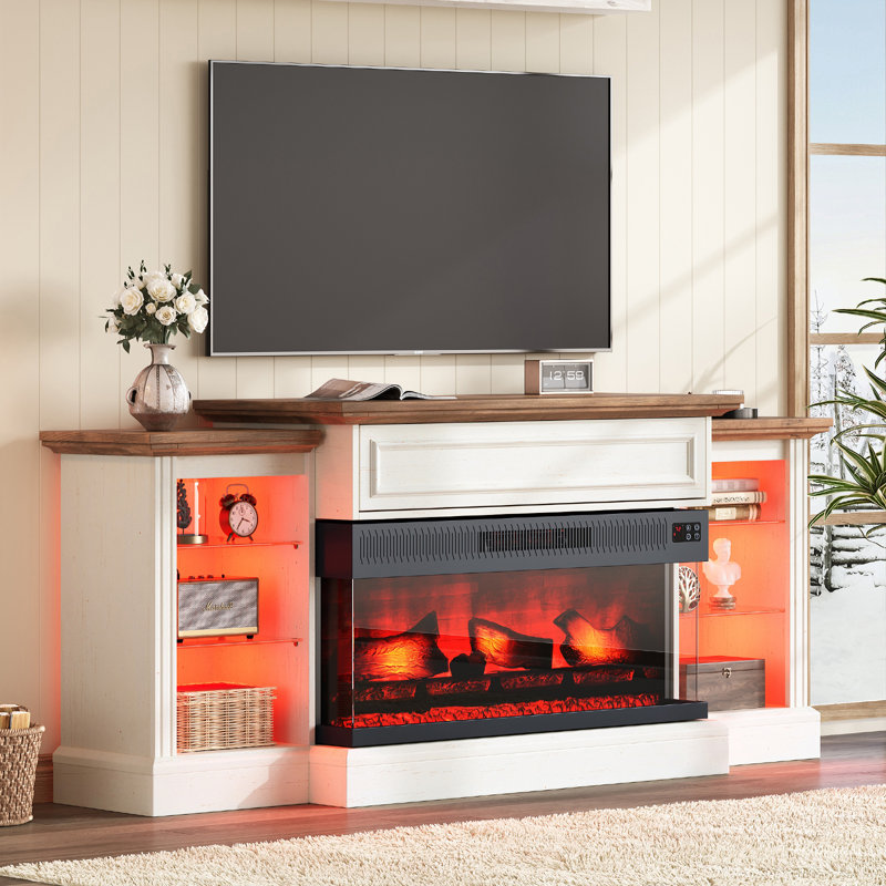 Emonte 3-Sided Glass Fireplace TV Stand, RGB Light & Hiden Flip-up Door, White, 70"