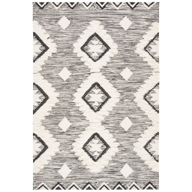 Tapis en laine / coton tissé à la main Amelio en ivoire / noir, Rectangle 3 pi x 5 pi