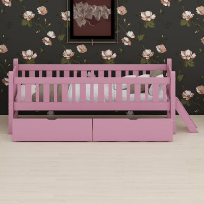Platform Bed with Safety Guardrail and Storage Drawers