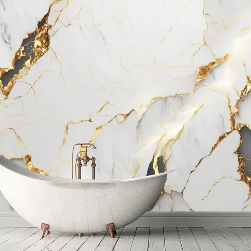 Papier peint en marbre blanc avec veines dorées, L 108 po x l 96 po