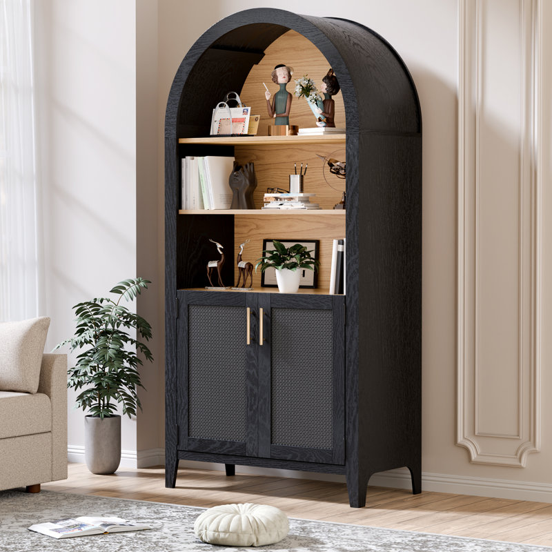 Arched Display Cabinet With Beech-wooden Door, Rattan Storage Cabinet With Adjustable Shelf, Farmhouse Kitchen Cabinet With Anti-tipping Device For Living Room/kitchen(64”)