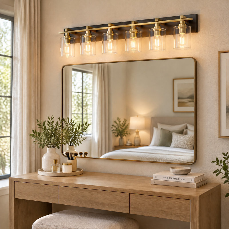 Applique murale de salle de bain noire et dorée à 6 lumières avec abat-jour en verre, 6