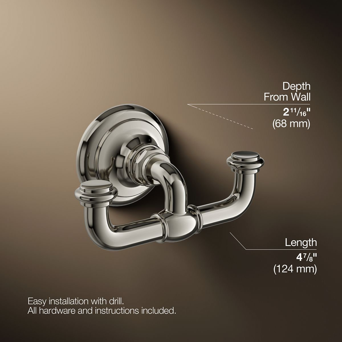 Artifacts Double Wall-Mounted Robe Hook, Vibrant Polished Nickel