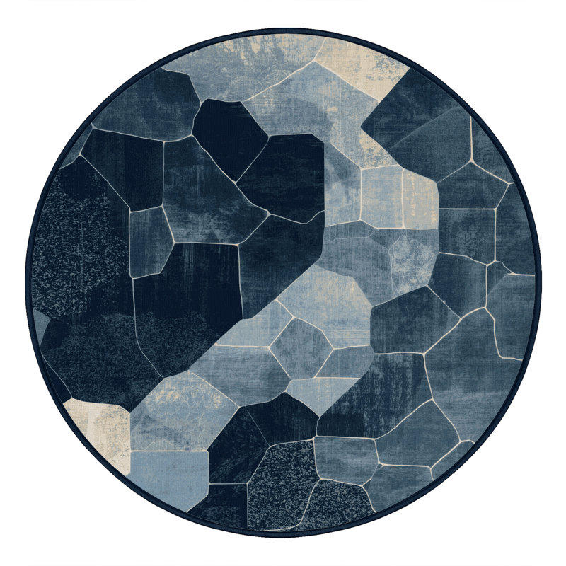 Soft Plush Eickhoff Modern & Contemporary Abstract Area Rug in Blue – Navy Binding, 3' Round