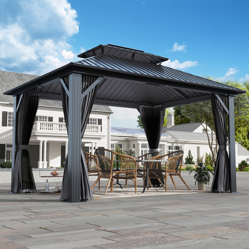 Aluminum Patio Gazebo - Galvanized Steel Hardtop Gazebo with Curtains & Netting, 14 ft. W x 12 ft. D