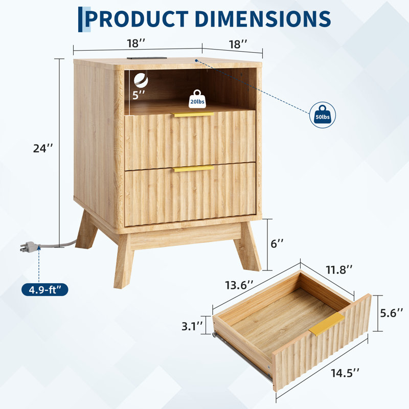 Ensemble de 2 tables de chevet cannelées ondulées avec station de charge - Tables de chevet modernes en bois avec 2 tiroirs, casier ouvert
