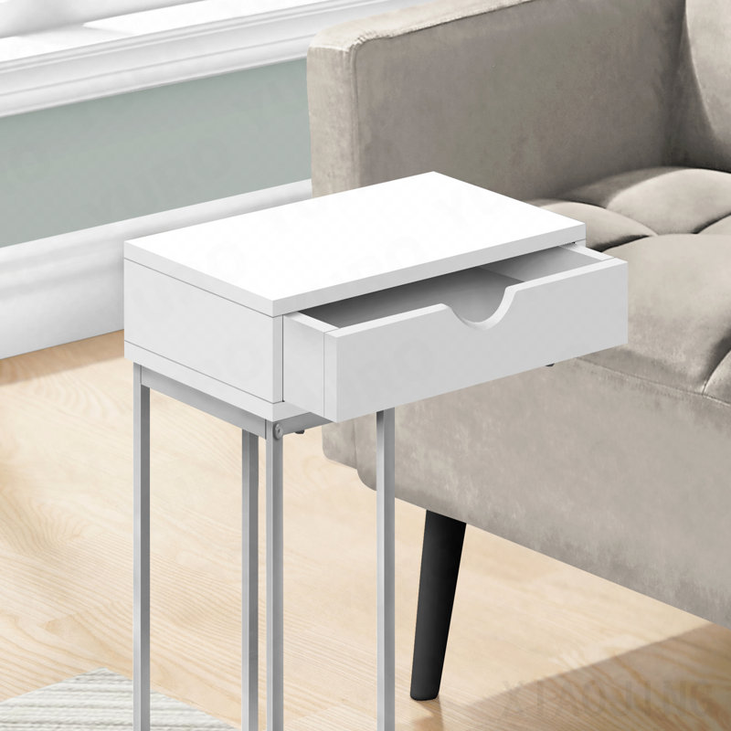 Table d'appoint latérale avec tiroir en stratifié blanc et métal gris en forme de C, 24" H x 15.75" W x 9.45" D, White/Silver