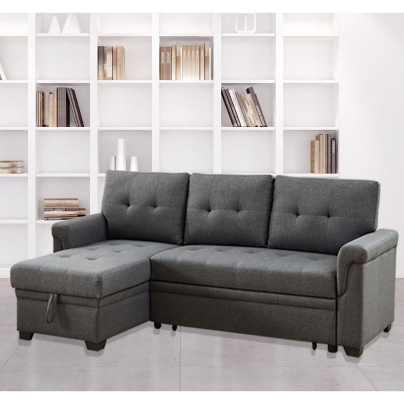 Canapé-lit modulaire réversible en lin avec méridienne avec rangement, Lin gris, Orienté à gauche (vu de face)