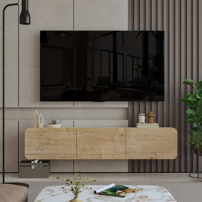 Callysta Floating TV Stand Up to 78" TV's Wall Mounted Media Console, White Marble Design/Oak Wood
