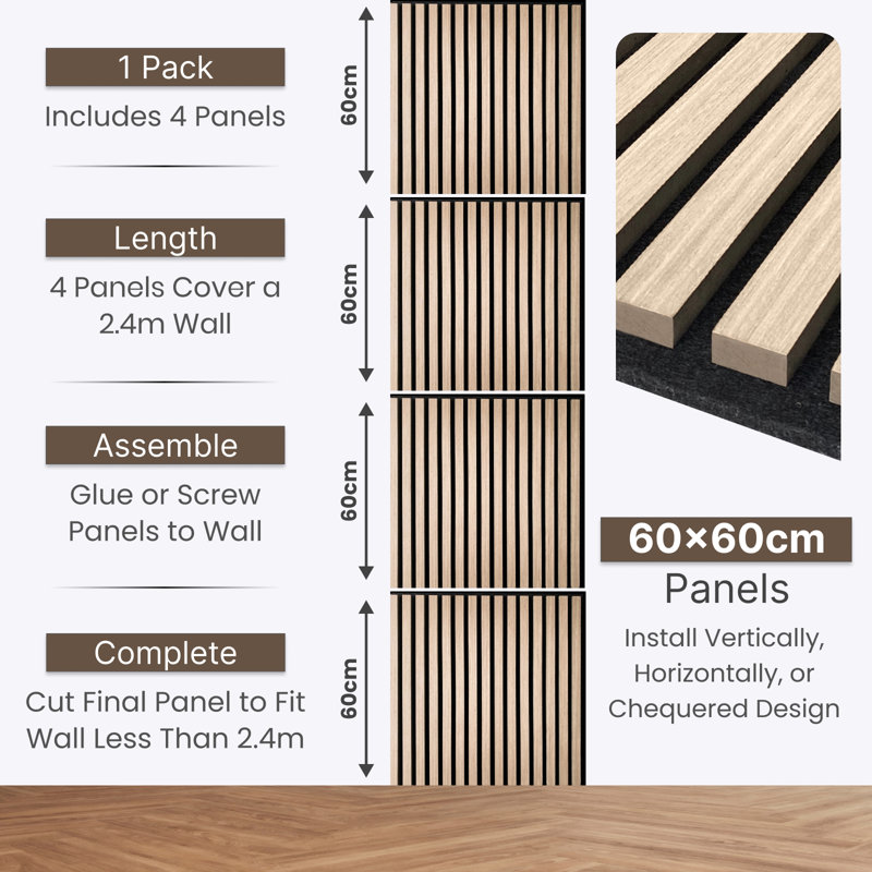Mehreen 60 cm x 60 cm 3D Wall Panel (4-pack), White Oak