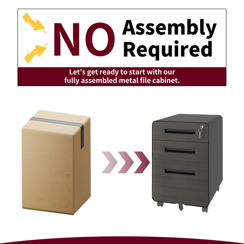 Makeace Fully Assembled 3-Drawer Mobile Metal File Cabinets with Lock,Rolling Metal Filing Cabinet for Home Office, Letter/Legal Size, Black