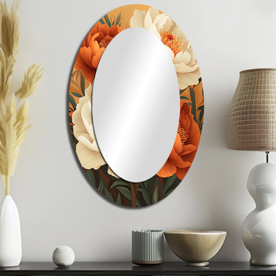 Pivoine brune avec pivoines - miroir décoratif floral ovale sur métal