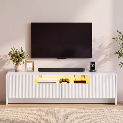 Meuble télé 70 po avec prise de courant et lumières DEL, console multimédia avec tiroirs de rangement et armoires pour téléviseurs de 55 à 75 pouces, meuble audio-vidéo pour salon moderne