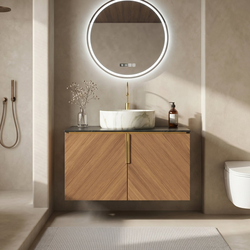 Rangement moderne pour armoires de salle de bain sans lavabo, plateau de meuble-lavabo en pierre frittée noire et armoire en chêne brun