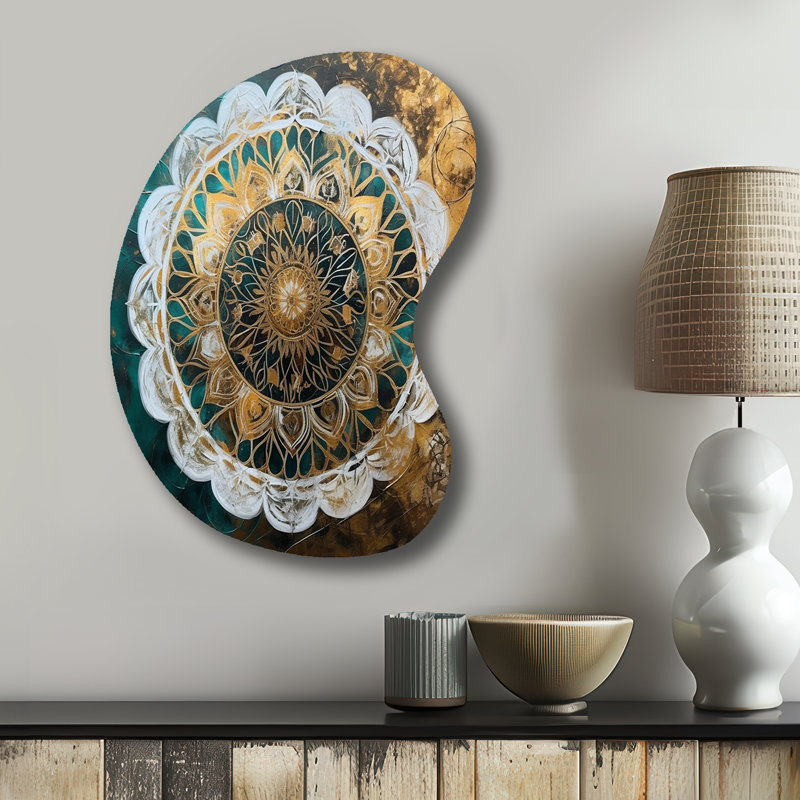 Sarcelle et or Mandala I - art mural bohème asymétrique, impression de sculpture murale en métal de forme unique