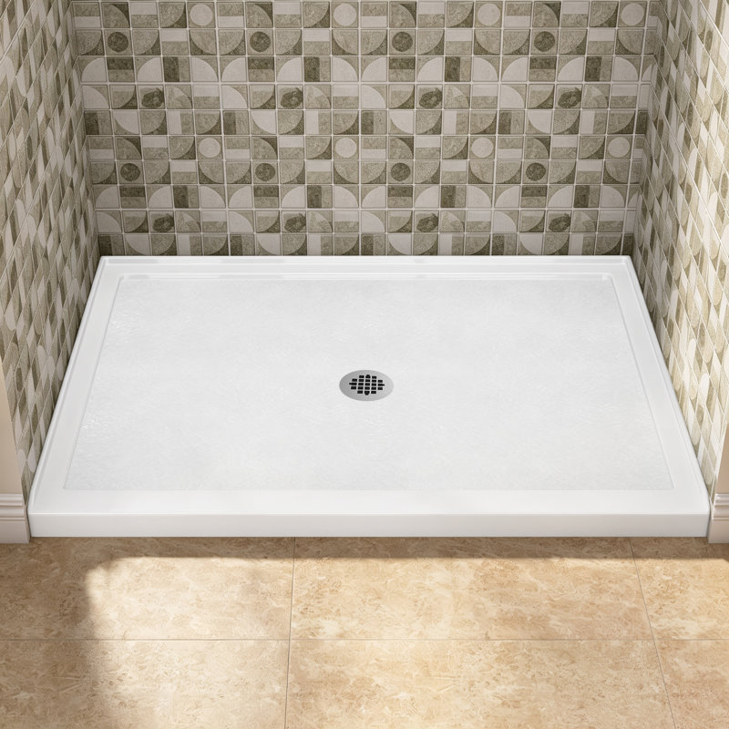 Base de douche rectangulaire en alcôve en acrylique l 48 po x P 30 po avec plateau de douche rectangulaire à seuil simple et plateau de douche blanc brillant avec bonde centrale et jupe à 4 côtés