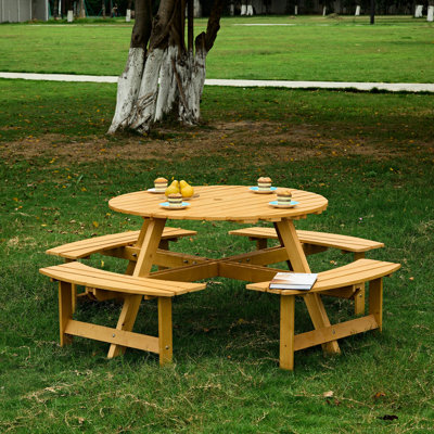 Table de pique-nique pour 8 personnes avec 4 bancs intégrés. Trou de parasol, naturel, pour la cour, personnes de porche - bancs de trou - bois pour la cour