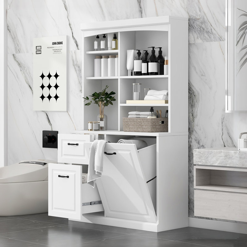 Armoire de rangement sur pied 71 po avec porte, armoire à linge moderne avec 2 grands tiroirs et tablettes réglables pour la salle de bain