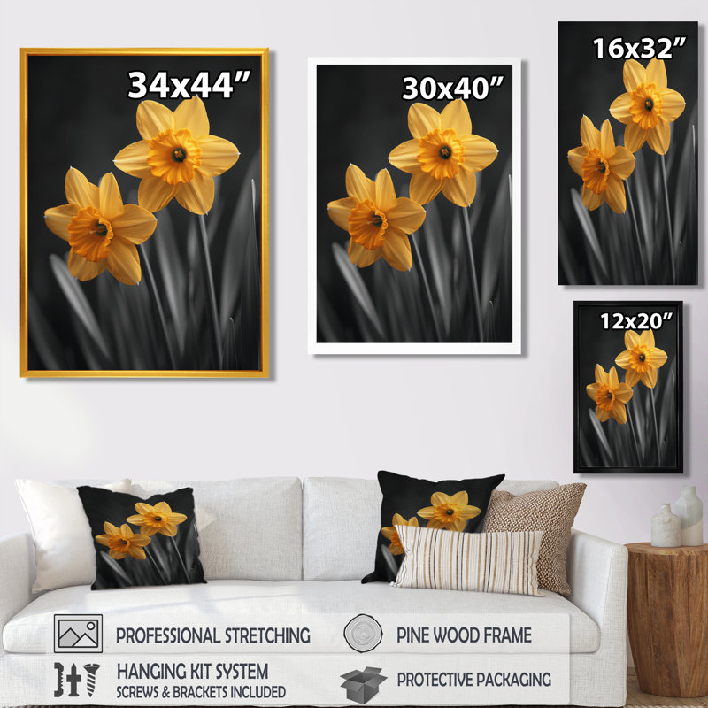 «Yellow Grey Garden Glamour Daffodils» - impression d'art mural jonquilles, H 24 po x l 32 po, Cadre flottant brun