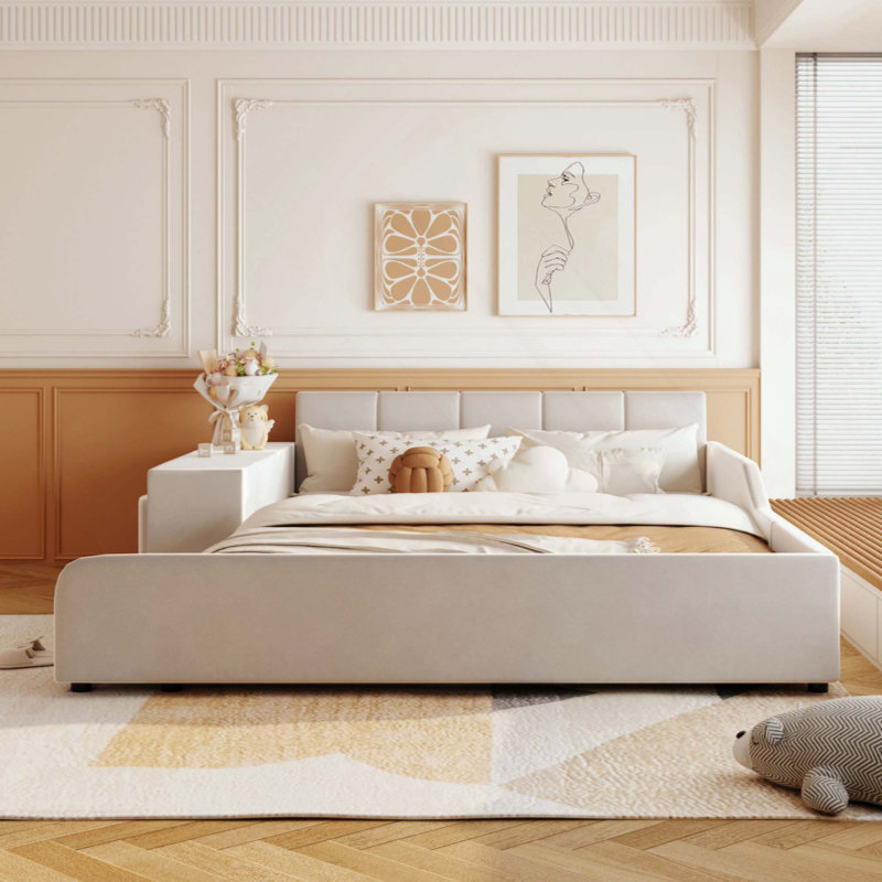 Upholstered Grounded Bed, Mother & Child Bed With Bedside Desk And Little Round Stool, Velvet, Beige, Queen