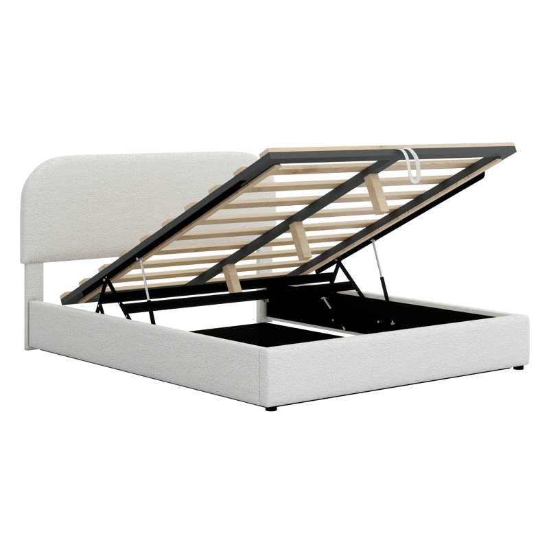 Lit plateforme rembourré en molleton Teddy - équipé d'un système de rangement hydraulique, Blanc