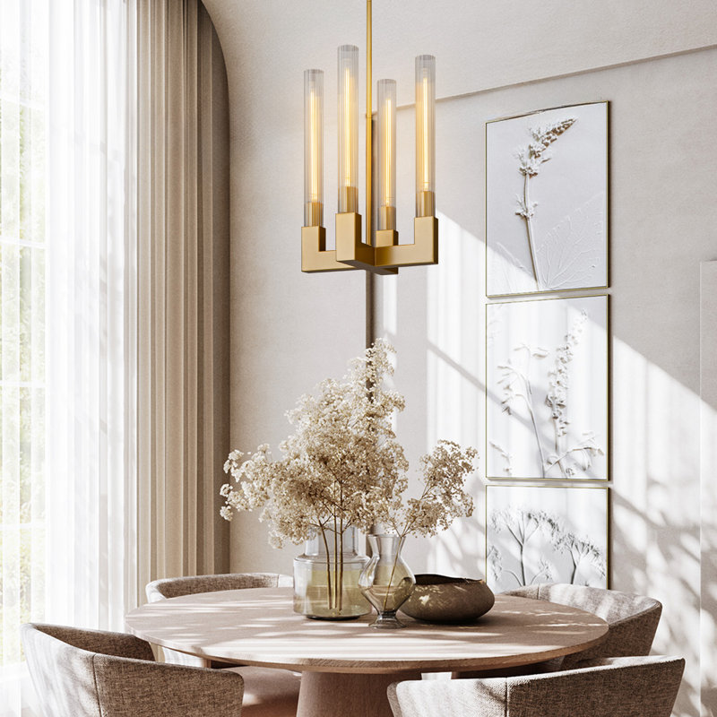 4-Lights Wagon Wheel Chandelier With Glass Tube, Gold