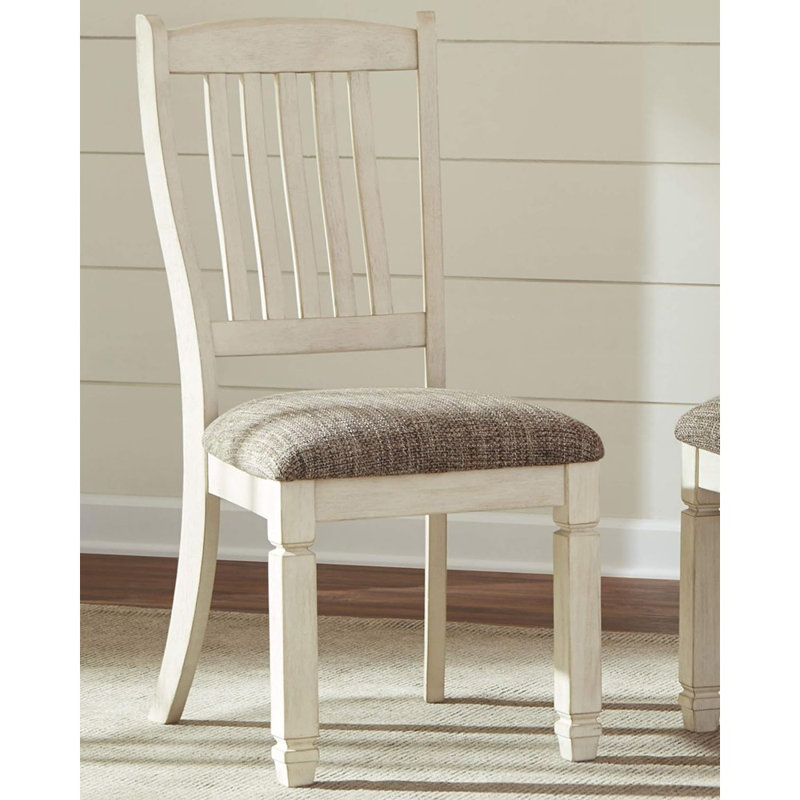 Antique White Linen Upholstered Side Chair with Weathered Oak Accents