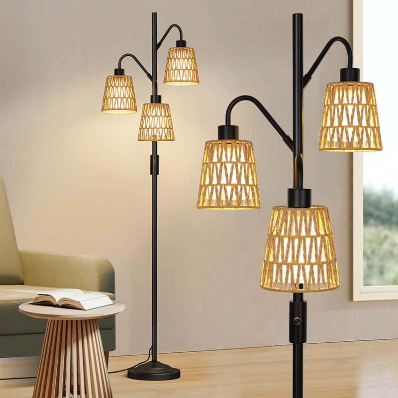 Dimmable 3-Light Floor Lamp, 69-Inch Tall Industrial Farmhouse Standing Lamp with Rattan Shades, Modern Rustic Tree Lamp for Living Room, Bedroom, Office