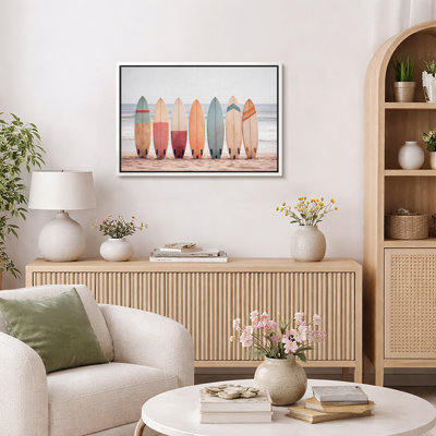 Minimal Surfboard Lineup Artwork, Soft Coastal Beach Living Room Pictures, Framed Canvas Giclee Print Wall Art