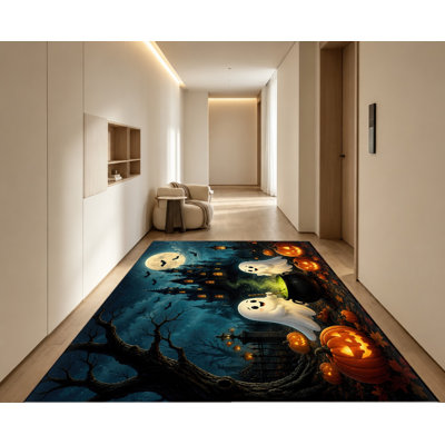 Tapis d'Halloween sur le thème d'Halloween, joli motif de citrouille fantôme, artistique festif éclatant, lavable à la machine, envers antidérapant, joli tapis d'intérieur pour le salon, la chambre à coucher, l'entrée, la cuisine, le balcon, appartement