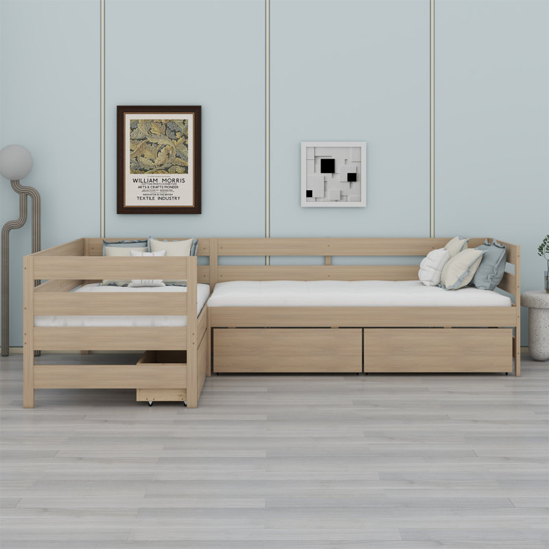 Lit plateforme en L avec trois tiroirs de rangement, Naturel