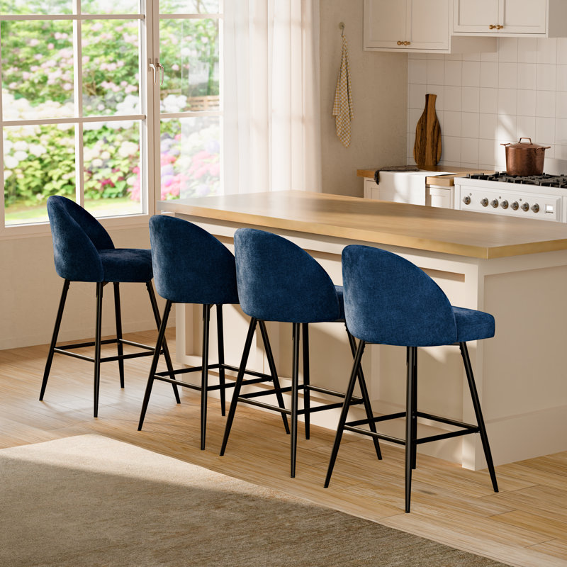 Ensemble de 4 tabourets de bar pivotants à hauteur de comptoir avec dossier et pieds en métal - bleu, Bleu / Velours