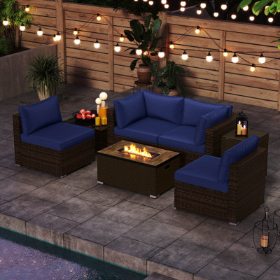 7 Pieces Outdoor Furniture Set with Fire Pit Table and Propane Tank Cover Black by Winston Porter