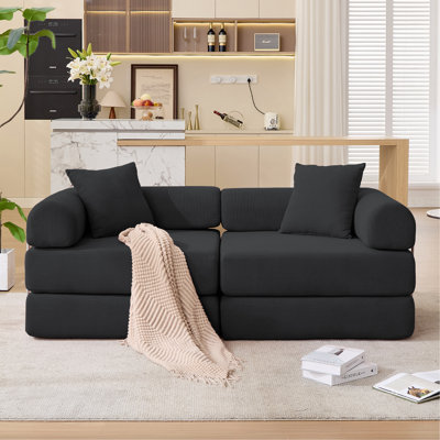 [VIDÉO FOURNI] Canapé-lit modulaire pour appartement, canapé-lit convertible, structure fixe et accoudoirs amovibles, canapé-lit pliant pour petits espaces, sans assemblage, velours côtelé, noir
