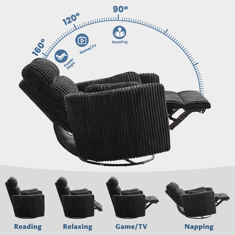 40" Wide Corduroy Recliner with Dual-Motor and Power Headrest,  Modern Swivel & Rocking Nursery Glider Chair, Black, Black