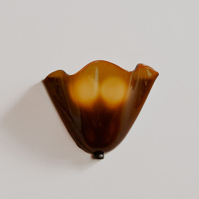 Contemporary Pecan Wall Light With Upward Glass Shade, Geometric Fixture, Amber, Brown