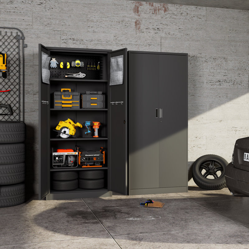 Tall Metal Garage Storage Cabinet With Locking Doors And Pegboard