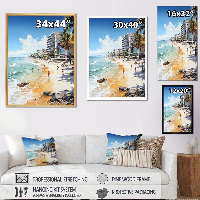 Honolulu beige turquoise Miami Beach, reproduction d'art sur toile, H 32 po x l 24 po x P 1 po, Cadre flottant noir