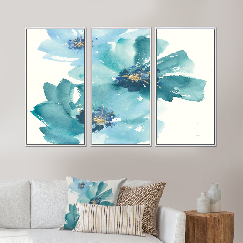 «Blue Cosmos Indigo I», ensemble d'art mural sur toile encadré, H 32 po x l 48 po x P 1 po, Blanc