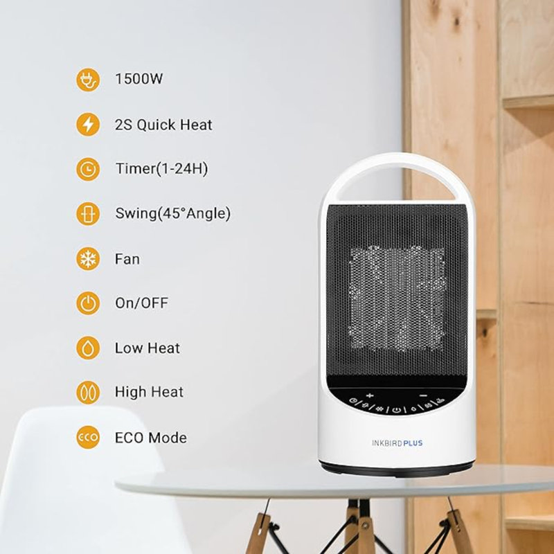 INKBIRDPLUS 1500W Electric Heaters For Indoor Use With Timer Remote And 3 Modes, Overheating Tip-Over Protection For Office, Bedroom, Space Heater For Large Room