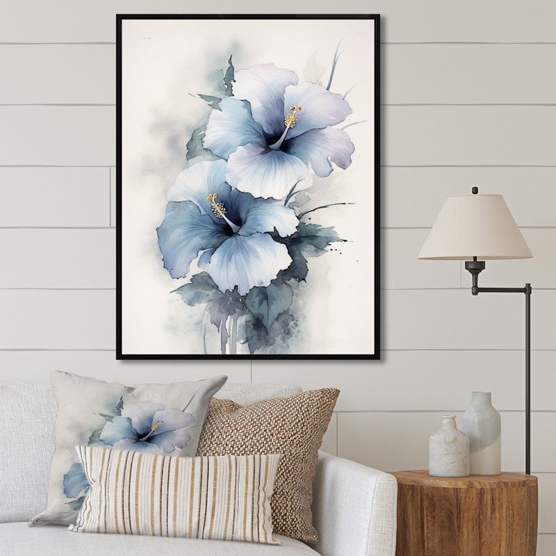 Blue Hibiscus Harmony I, reproduction d'art sur toile, Cadre flottant noir, H 32 po x l 16 po x P 1 po