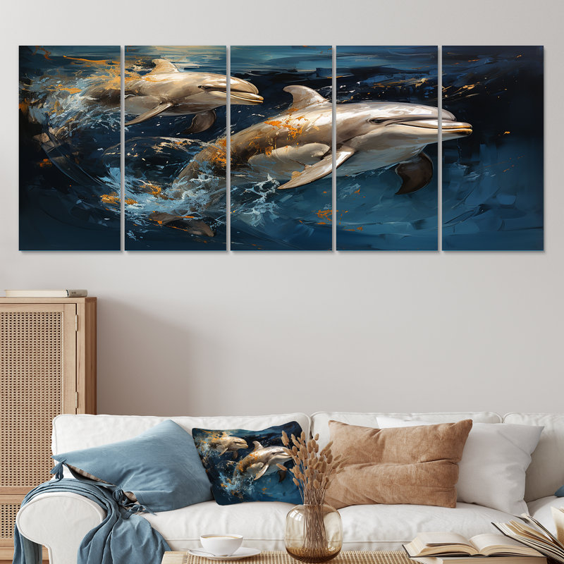 «Blue Dancing Dolphines II - Dolphin», art mural 5 pièces, H 32 po x l 80 po