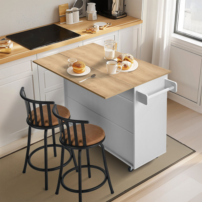 White Kitchen Island With Wood Countertop, Storage Carts Cabinets For Kitchen & Dining, With 3 Drawers And Storage Cabinet Towel Rack & Lockable Wheels For Versatile Kitchen Organization