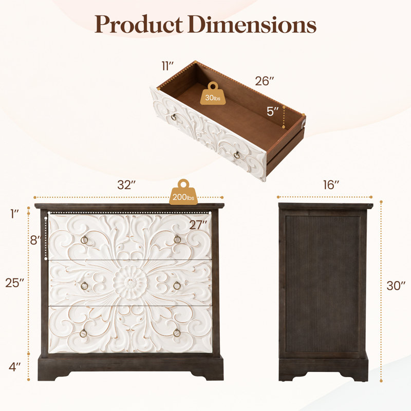 3 Drawer Dresser, 32" Wide Accent Chest