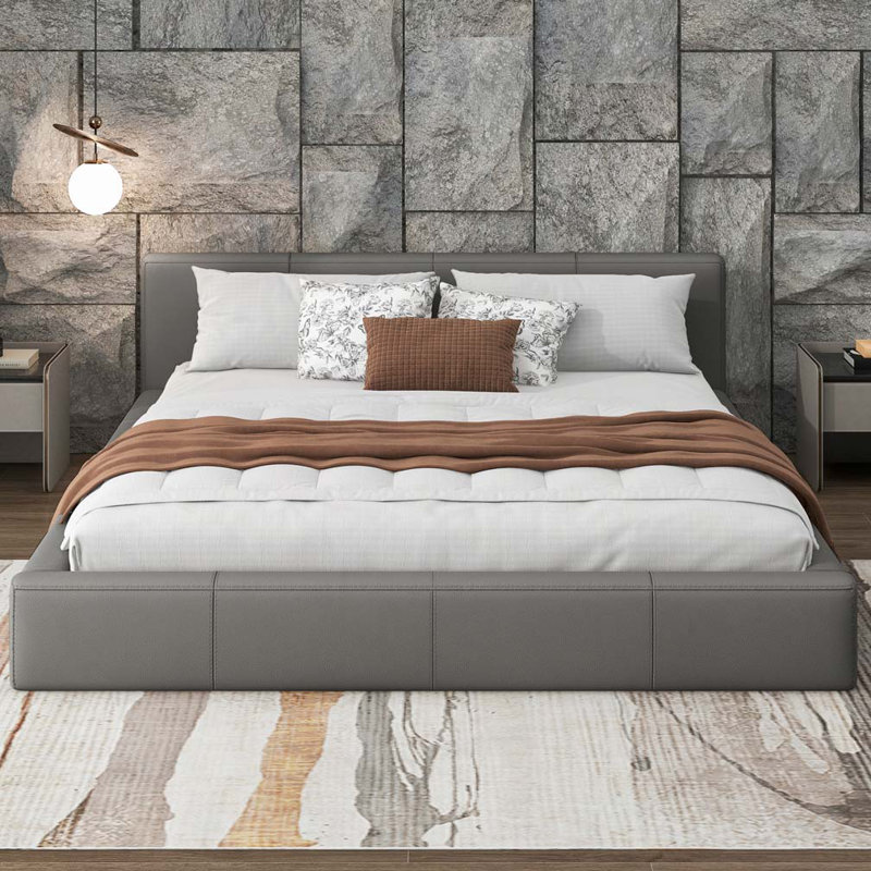 Vicente Faux Leather Upholstered Bed, Queen, Gray