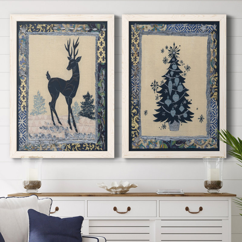 Silhouette de cerf - ensemble de 2 impressions, H 31,5 po x l 47 po x P 1,5 po, Toile blanche encadrée, Pas de tapis