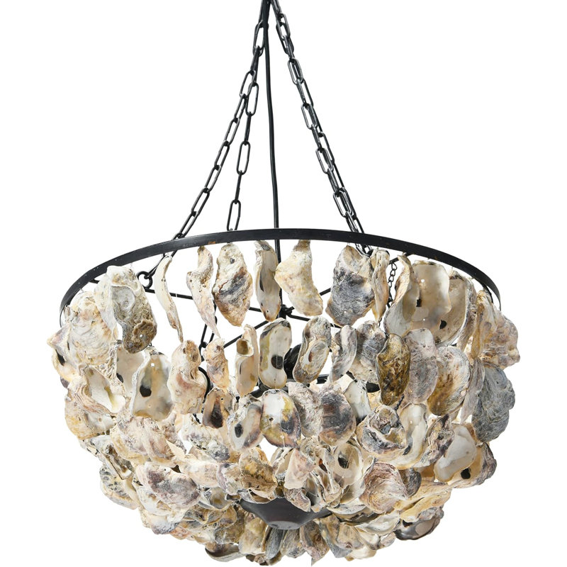 Round Oyster Shell Chandelier With 2 Lights, Coastal-Inspired Metal Frame, And Draped Natural Shells