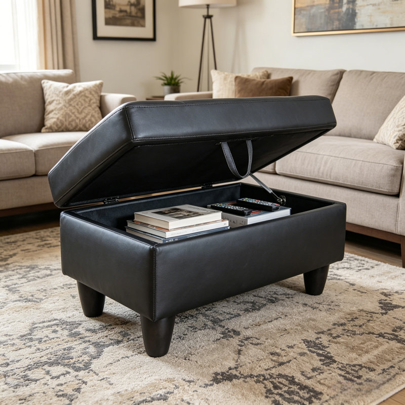 Repose-pied avec rangement en similicuir, Similicuir noir