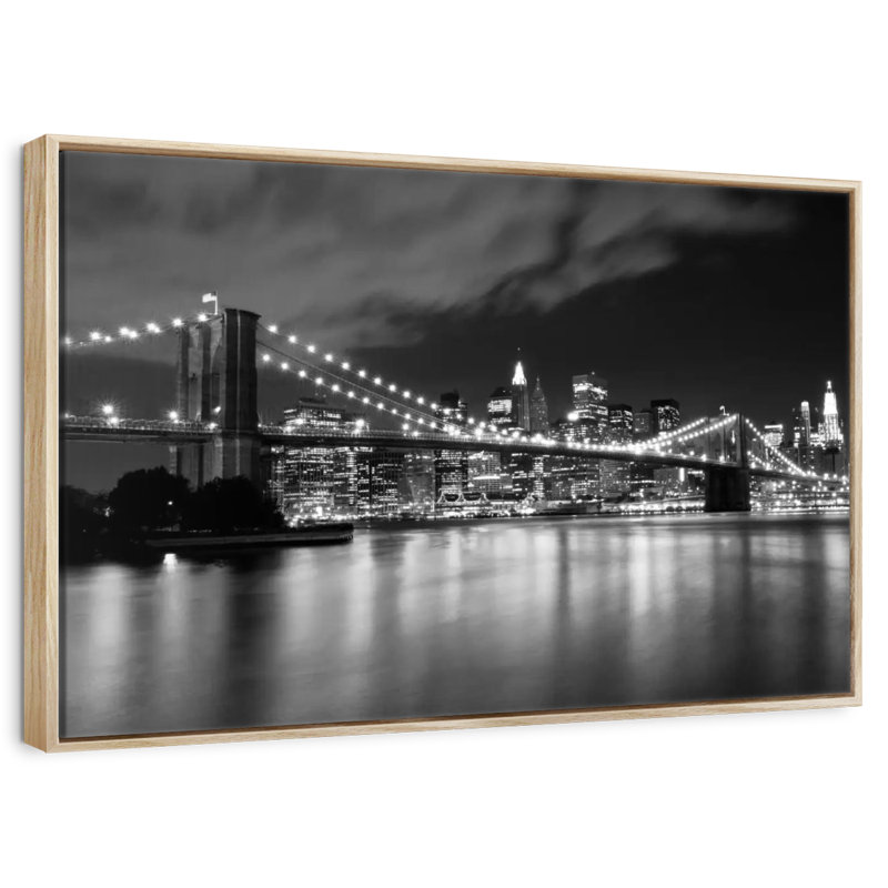 Pont de Brooklyn la nuit, Cadre flottant en bois naturel, 37 po x 25 po